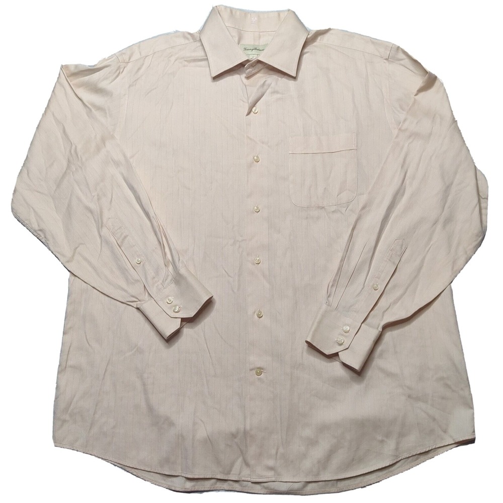 VTG TOMMY BAHAMA Men 17 34-35 Peach Cotton Long Sleeve Button Dress Shirt